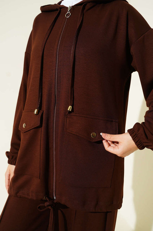 Sweat à capuche Loysa deux pièces avec fermeture éclair et poches, marron foncé