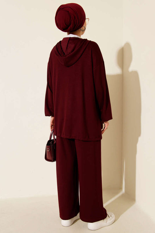 Loyşa Zippered Pocket Hooded Two Piece Suit Claret Red