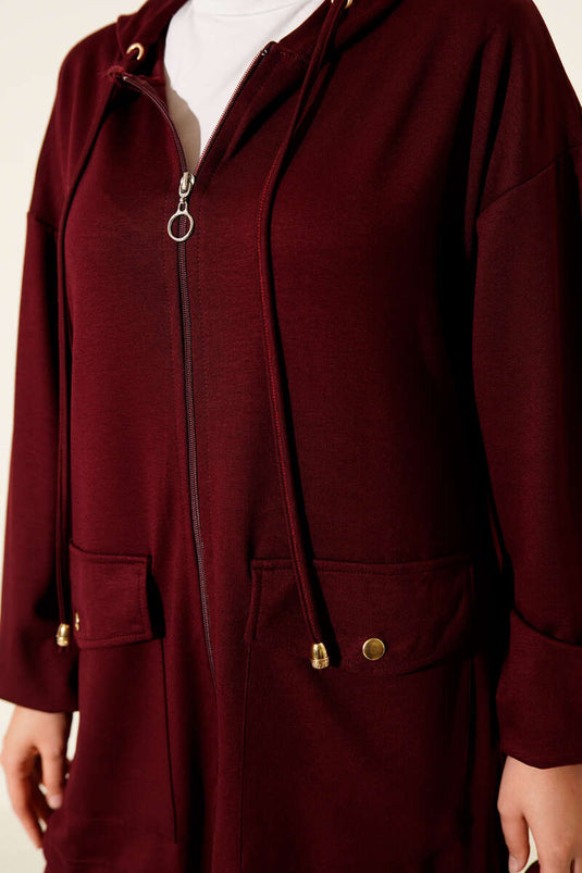 Loyşa Zippered Pocket Hooded Two Piece Suit Claret Red