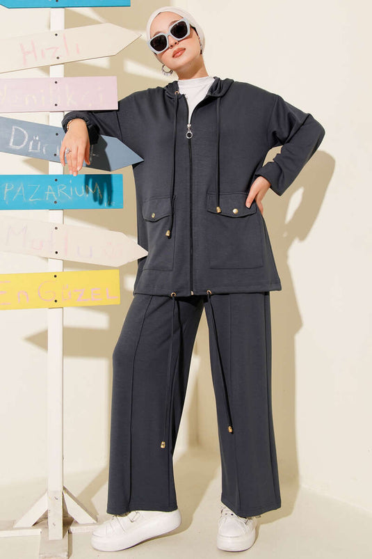 Loyşa Fermuarlı Cepli Kapüşonlu İkili Takım Füme