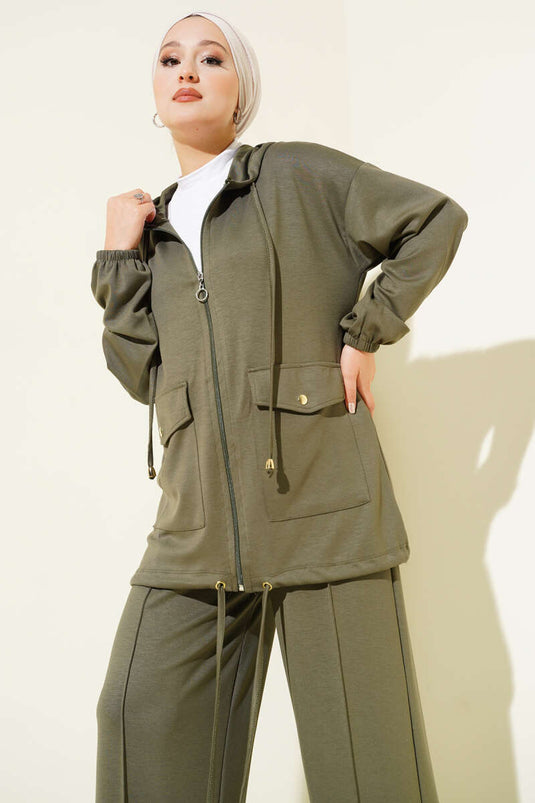 Loyşa Fermuarlı Cepli Kapüşonlu İkili Takım Haki