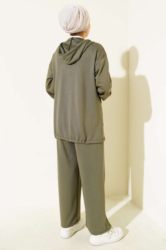 Loyşa Fermuarlı Cepli Kapüşonlu İkili Takım Haki