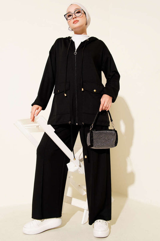 Costume deux pièces à capuche et poche zippée Loyşa noir
