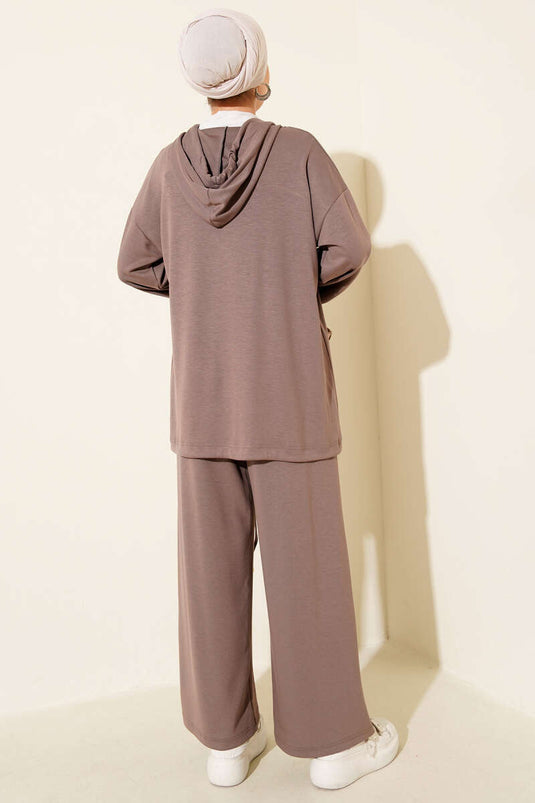 Loyşa Zippered Pocket Hooded Two Piece Set Mink