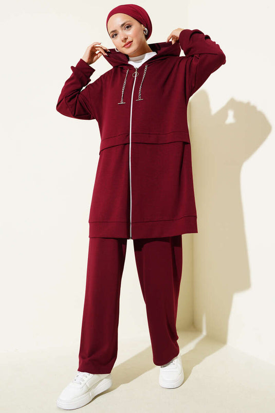 Costume deux pièces à capuche et fermeture éclair Loyşa rouge bordeaux