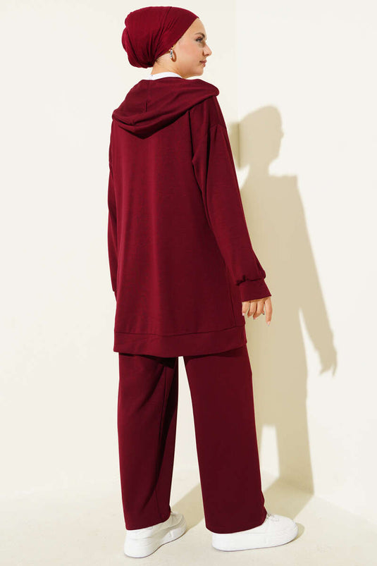 Costume deux pièces à capuche et fermeture éclair Loyşa rouge bordeaux