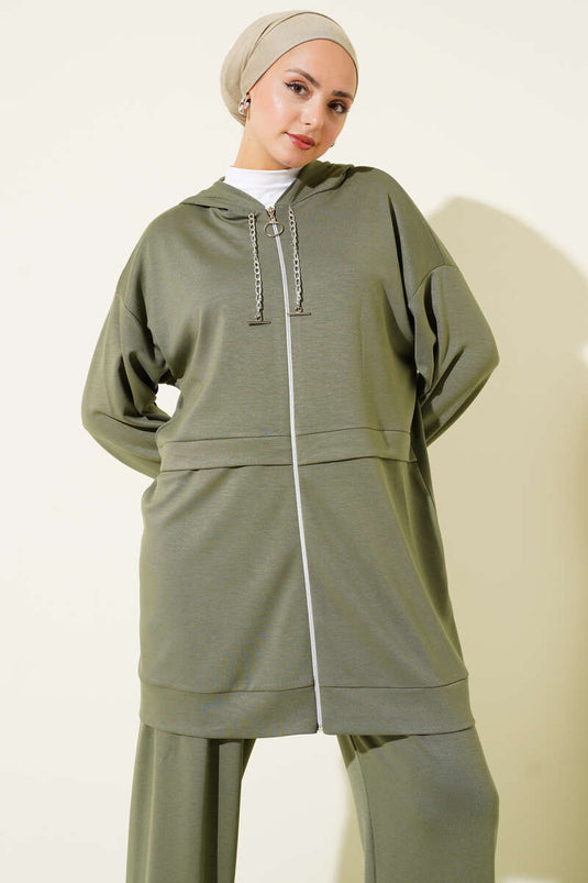 Loyşa Zippered Hooded Two-Piece Suit, Almond Green