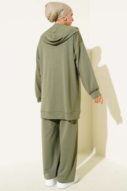 Loyşa Zippered Hooded Two-Piece Suit, Almond Green