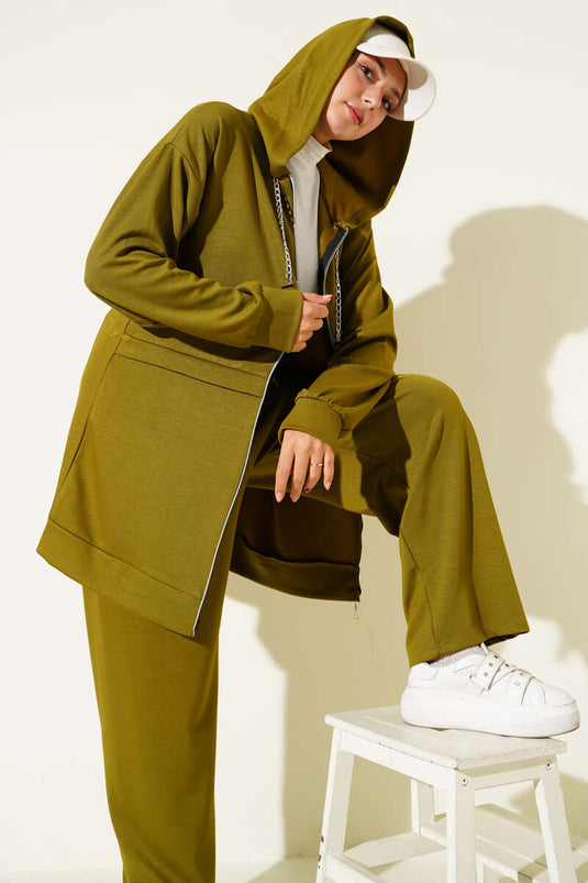 Loyşa tweedelig pak met rits en capuchon, oliegroen