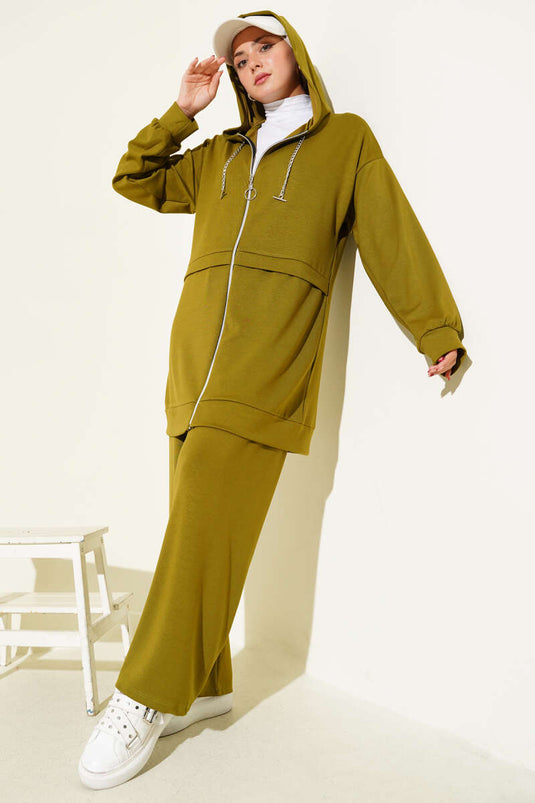 Loyşa tweedelig pak met rits en capuchon, oliegroen