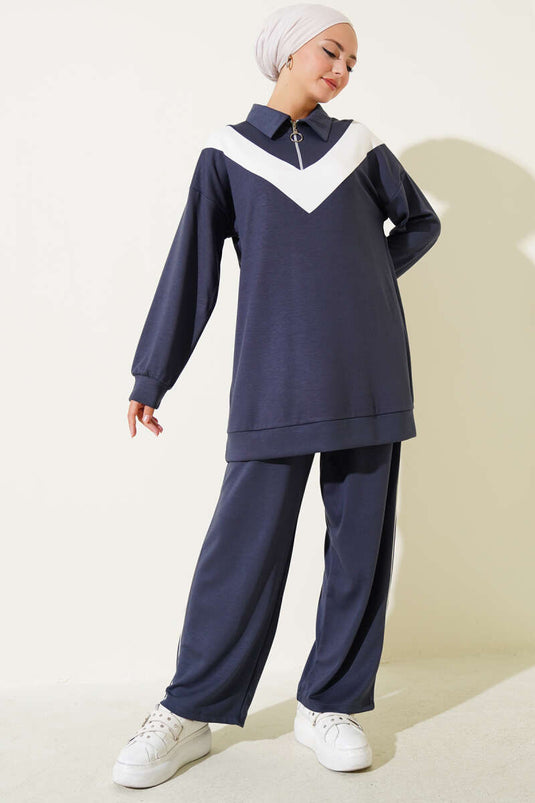 Loyşa Zippered V-Striped Two Piece Suit Smoke