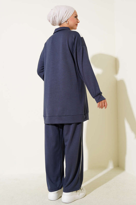 Loyşa Zippered V-Striped Two Piece Suit Smoke