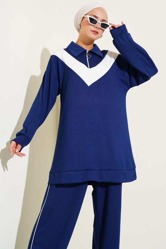 Loyşa Zippered V-Striped Two-Piece Suit Navy Blue