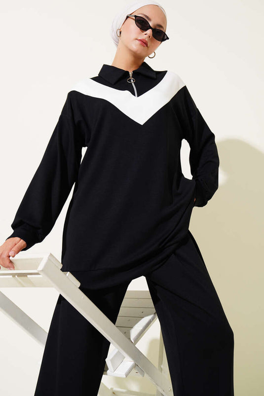 Loyşa Zweiteiliger Anzug mit Reißverschluss und V-Streifen Schwarz