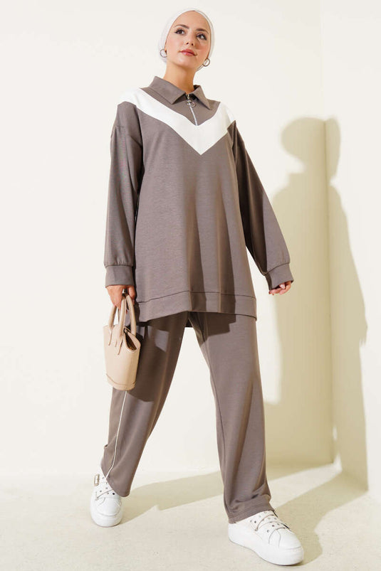 Loyşa Zweiteiliger Anzug mit Reißverschluss und V-Streifen Nerz