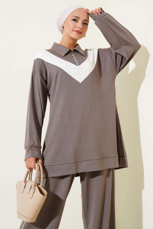 Loyşa Zweiteiliger Anzug mit Reißverschluss und V-Streifen Nerz