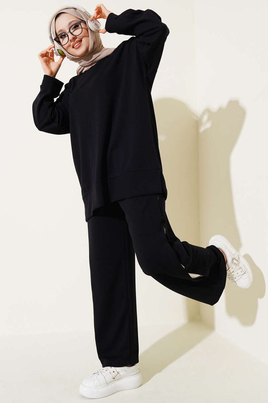 Loyşa Garni Gestreifter Zweiteiler Schwarz