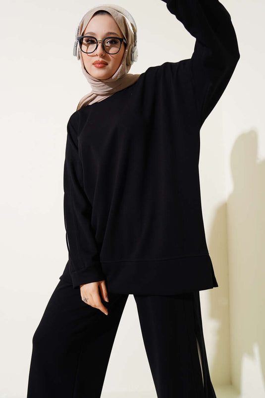 Loyşa Garni Gestreifter Zweiteiler Schwarz