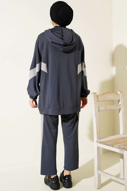 Loyşa Garnili Kapüşonlu İkili Takım Füme