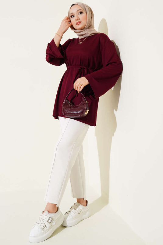 Loysa Tunika mit weiten Ärmeln und Kordelzuggürtel, Burgunderrot