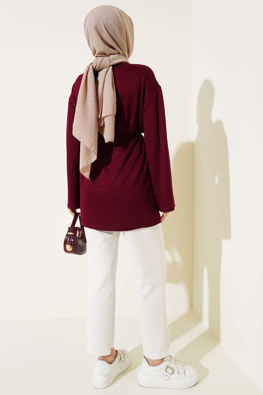 Loysa Tunika mit weiten Ärmeln und Kordelzuggürtel, Burgunderrot