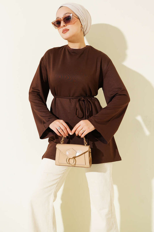 Loyşa Wide-Sleeved Rope-Belted Tunic Coffee