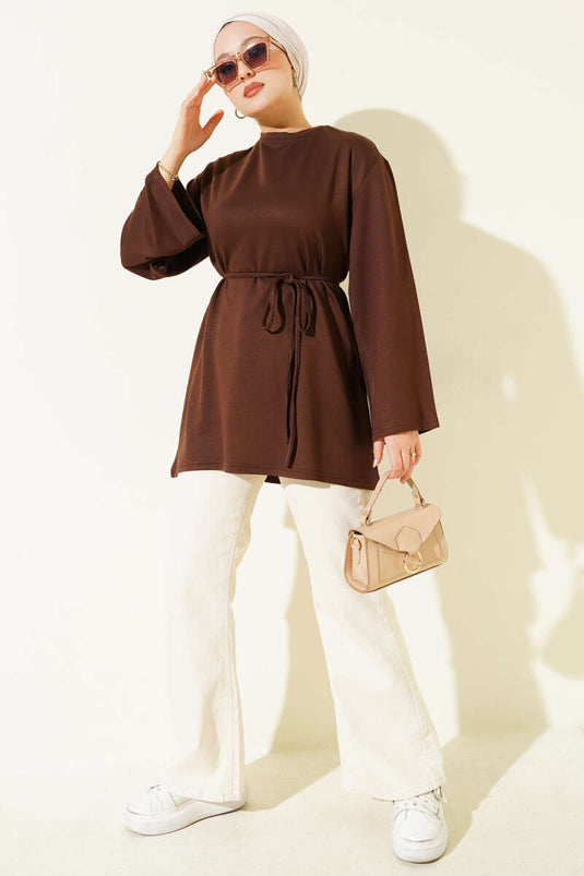Loyşa Wide-Sleeved Rope-Belted Tunic Coffee
