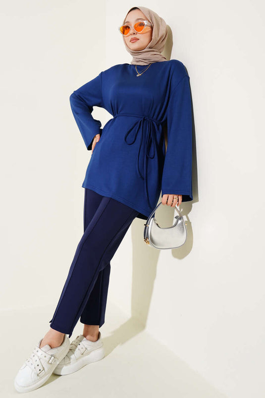 Loyşa Wide Sleeved Rope Belted Tunic Navy Blue