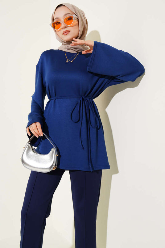 Loyşa Wide Sleeved Rope Belted Tunic Navy Blue