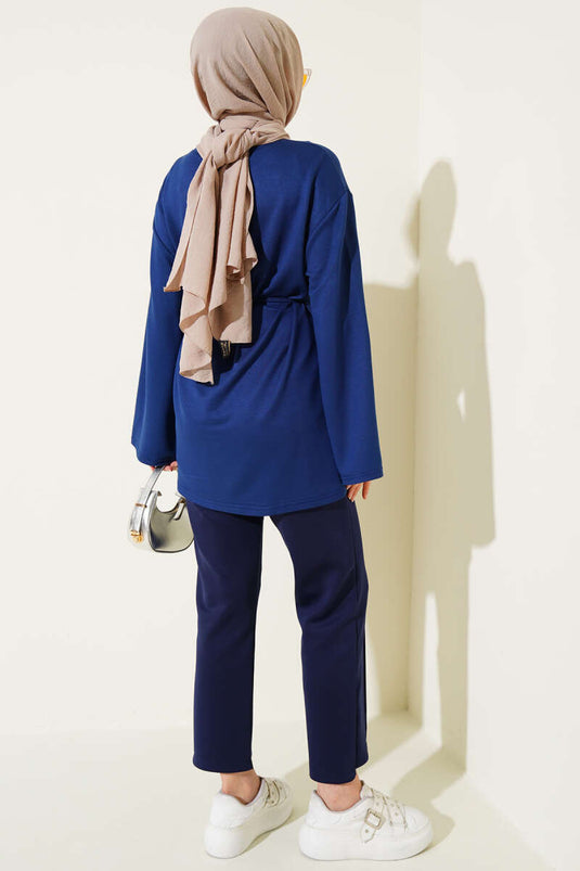 Loyşa Wide Sleeved Rope Belted Tunic Navy Blue