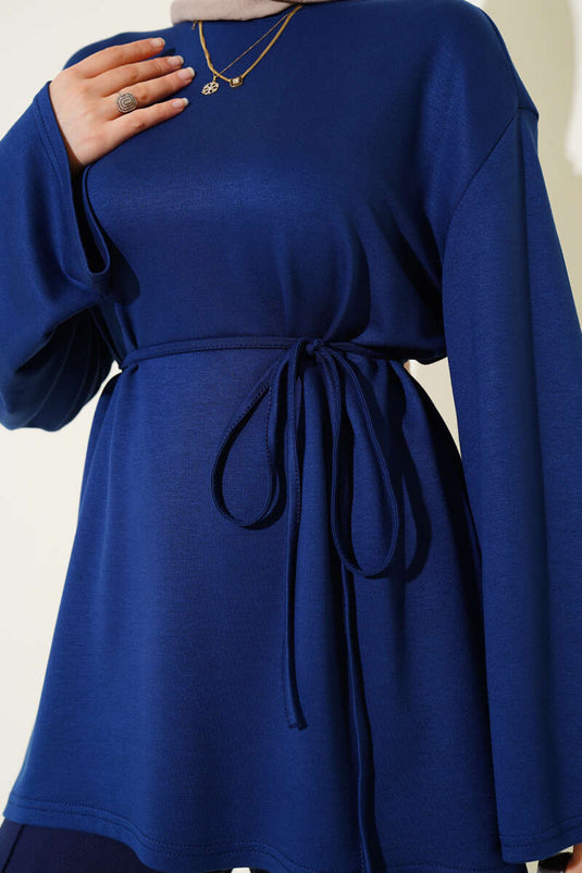 Loyşa Wide Sleeved Rope Belted Tunic Navy Blue