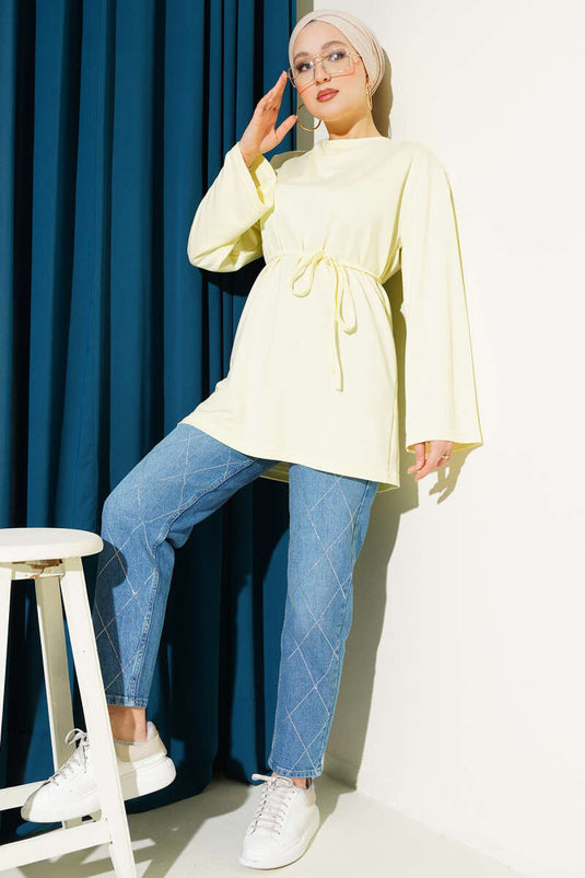 Loyşa Weitärmelige Tunika mit Gürtel aus Schnur Gelb