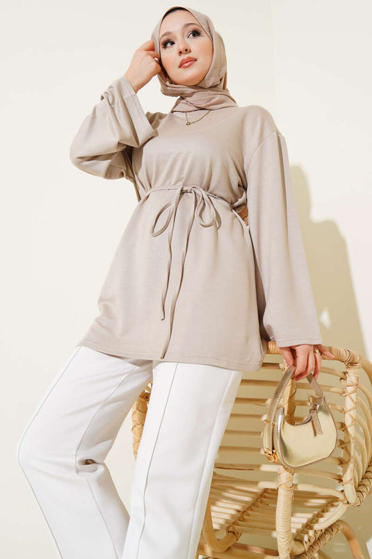 Loysha Wide Sleeve Rope Belted Tunic Stone