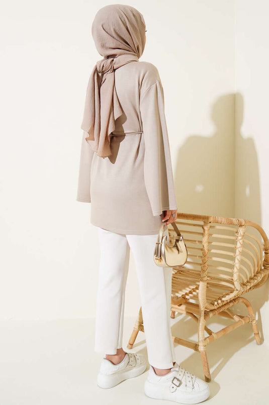 Loysha Wide Sleeve Rope Belted Tunic Stone