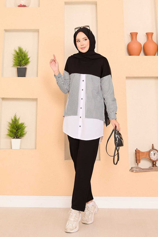 Loysha Shirt Garnished Hijab Two Piece Suit Black