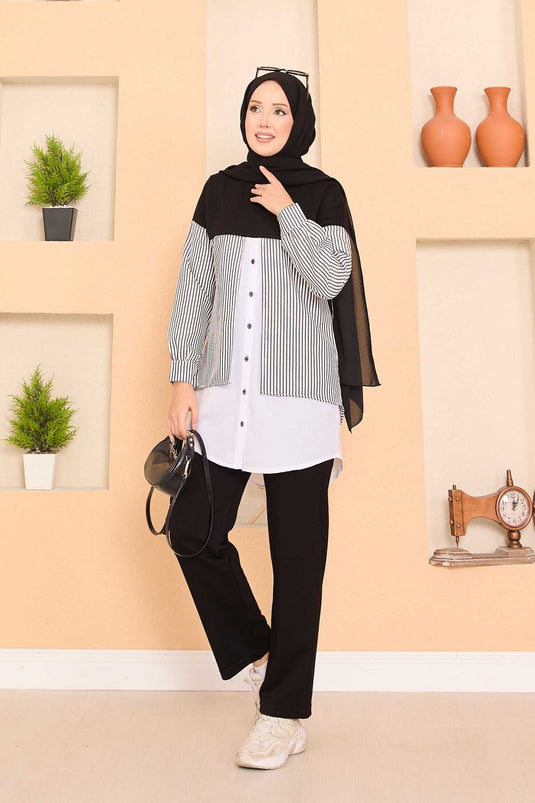Loysha Shirt Garnished Hijab Two Piece Suit Black