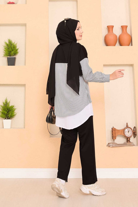 Loysha Shirt Garnished Hijab Two Piece Suit Black