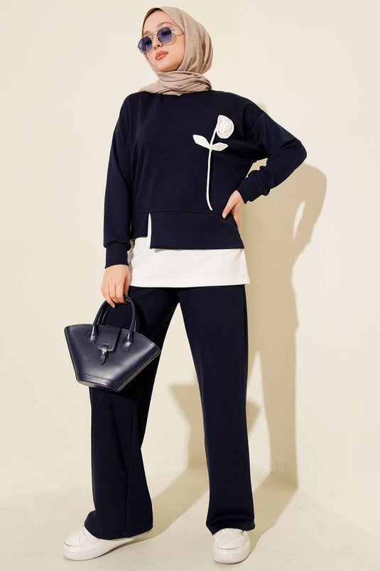 Zweiteiliges Set mit Loysa-Rosenmuster, Marineblau