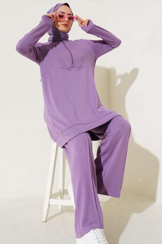 Costume croisé Loyşa à col montant et fermeture éclair, lilas
