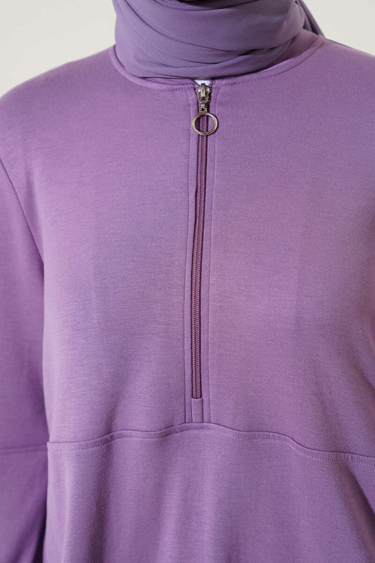 Costume croisé Loyşa à col montant et fermeture éclair, lilas