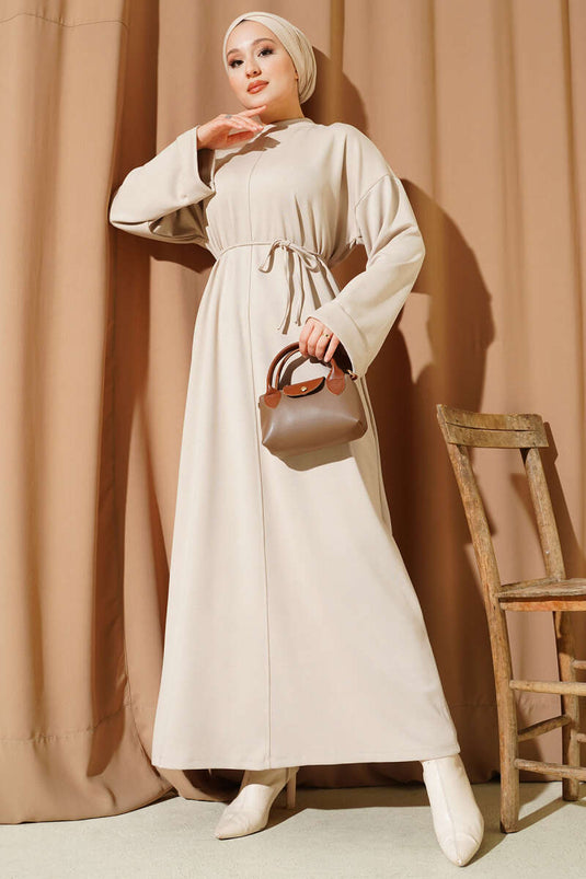 Loyşa İp Kuşaklı Duble Kol Elbise Bej