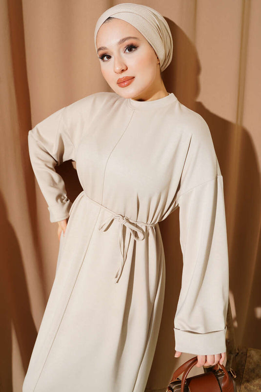 Loyşa Kleid mit doppelten Ärmeln und Seilgürtel, Beige