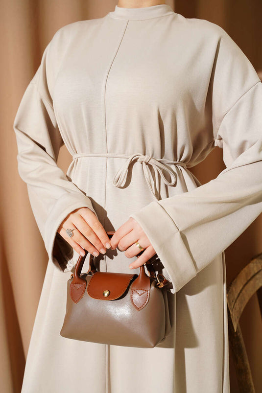 Loyşa İp Kuşaklı Duble Kol Elbise Bej