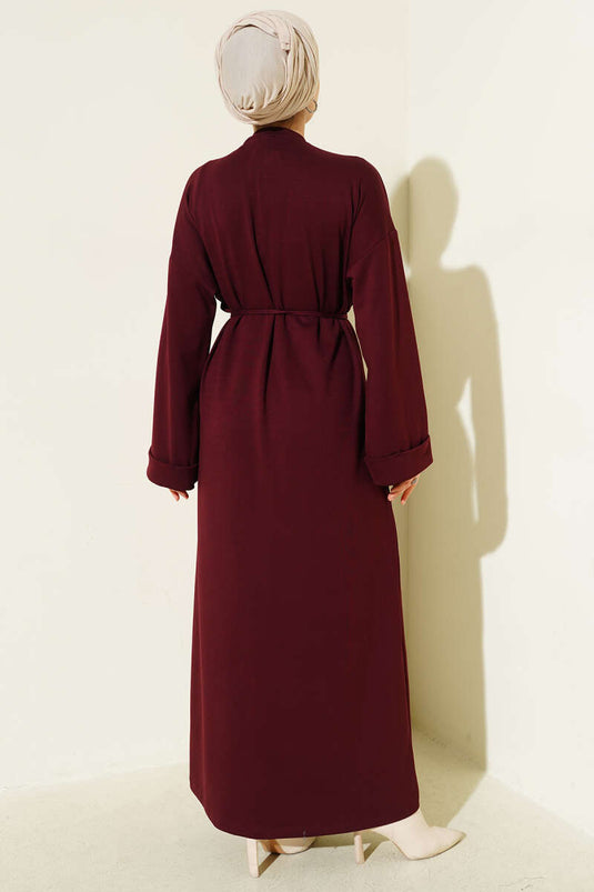 Loysa Double Sleeve Dress with Strappy Belt, Burgundy