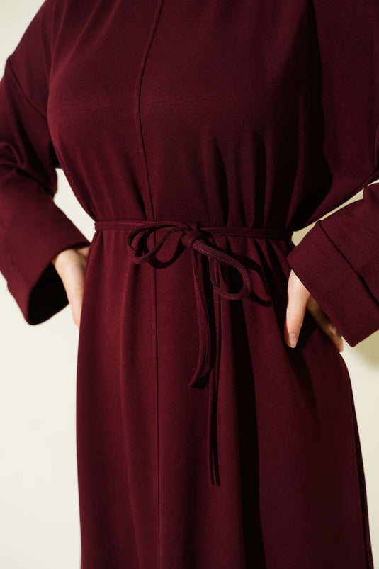 Loysa Double Sleeve Dress with Strappy Belt, Burgundy