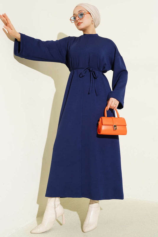 Loysa Double Sleeve Dress with Strappy Belt, Navy Blue