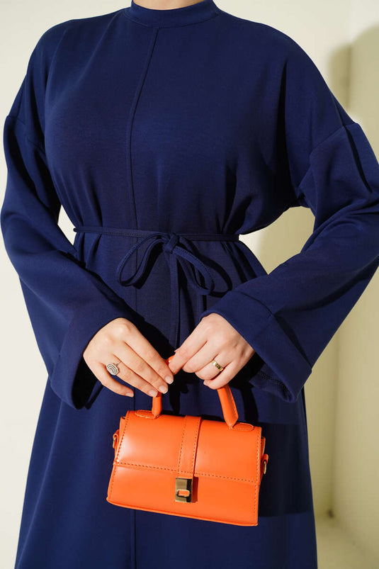 Loysa Double Sleeve Dress with Strappy Belt, Navy Blue