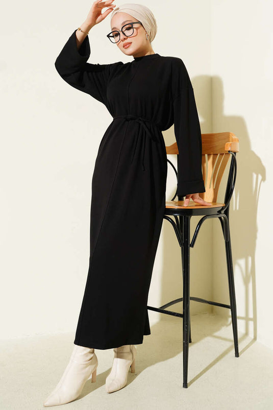 Loisha Double Sleeve Dress with Strappy Belt, Black