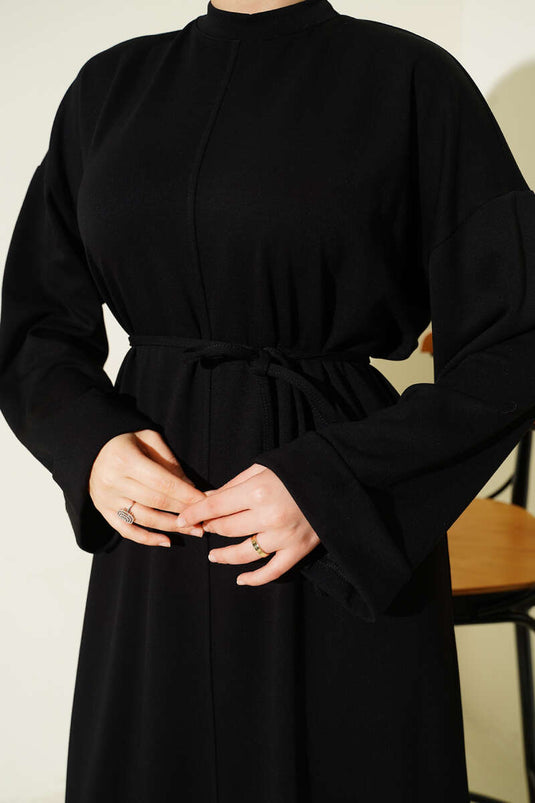 Loisha Double Sleeve Dress with Strappy Belt, Black
