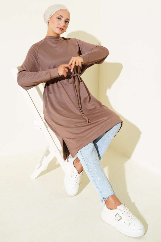 Tunique longue avec ceinture en corde Loyşa en vison